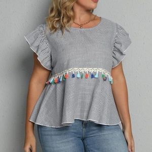 Shein - Plus Ruffle Sleeve Tassel Trim Stripped Peplum Blouse - 4X - NWOT